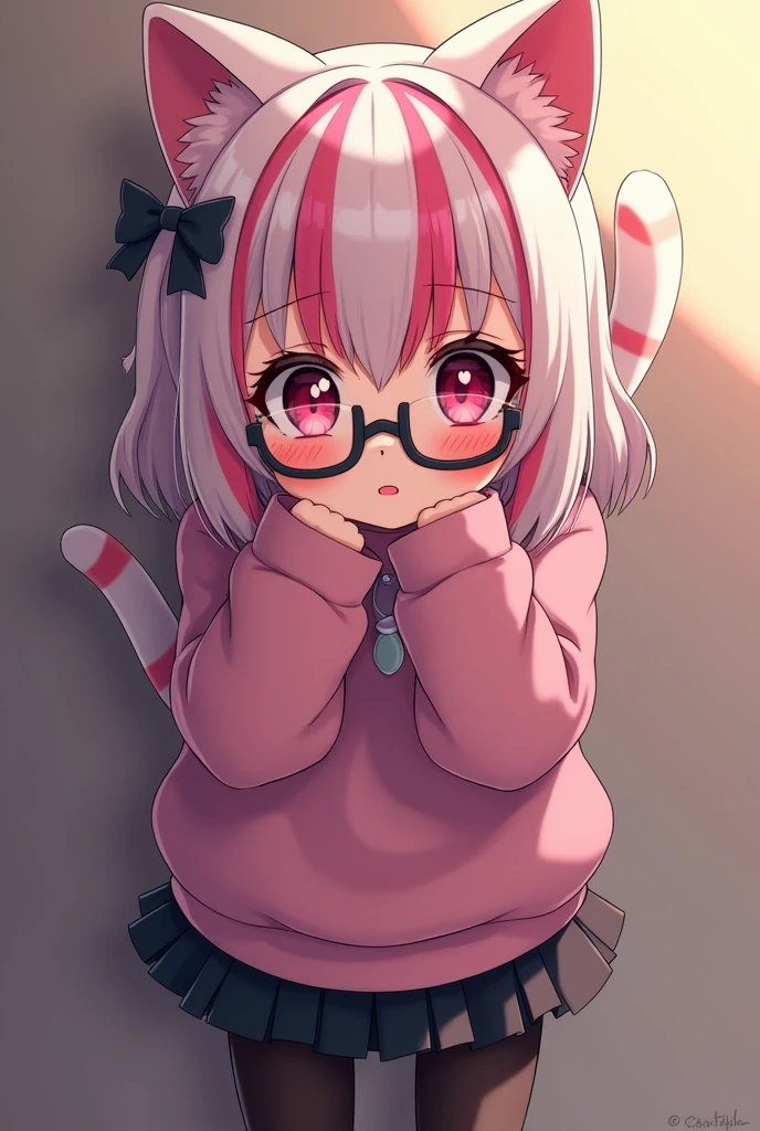 I have pink white hair, cat ears, a bow, My face is super blushing, black glasses, pink heart eyes, a big pink sweatshirt, a skirt under her skirt a black short, black stockings, White shoes, a cat&#39;s tail, A very shy girl I&#39;m hitting you against a wall grabbing her butt