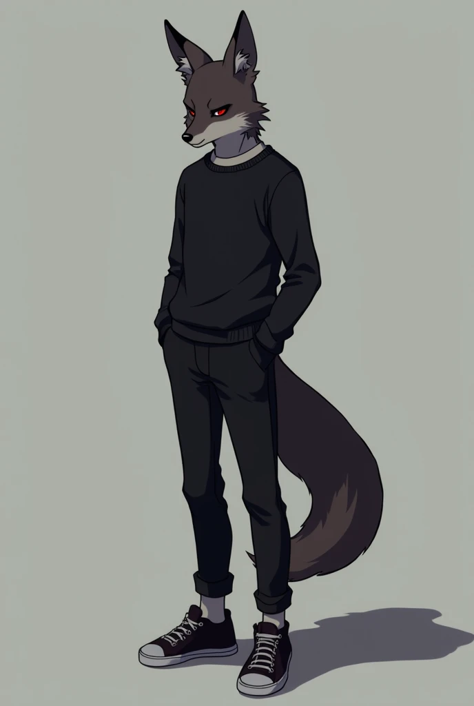 1guy, anime, black small male emotionless fox, below-average, furry, anthropomorphic, dark red eyes, handsome guy, with black sweater and long pants, sneackers, standing