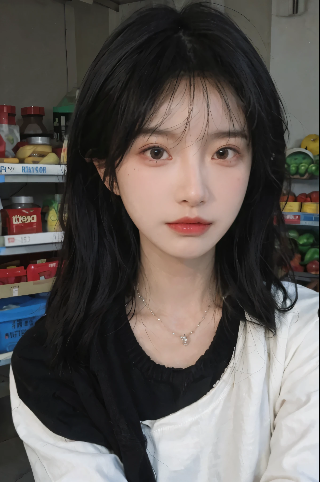 Best quality，Ultra-high resolution,(Realism:1.4)，Cute hairpins，girll,Cropped black sweater，Look directly at the audience，Full of atmosphere，Beautiful woman with a slim figure:1.4，supermarket，Super delicate face，Exquisite eyes，Double eyelids，necklace
