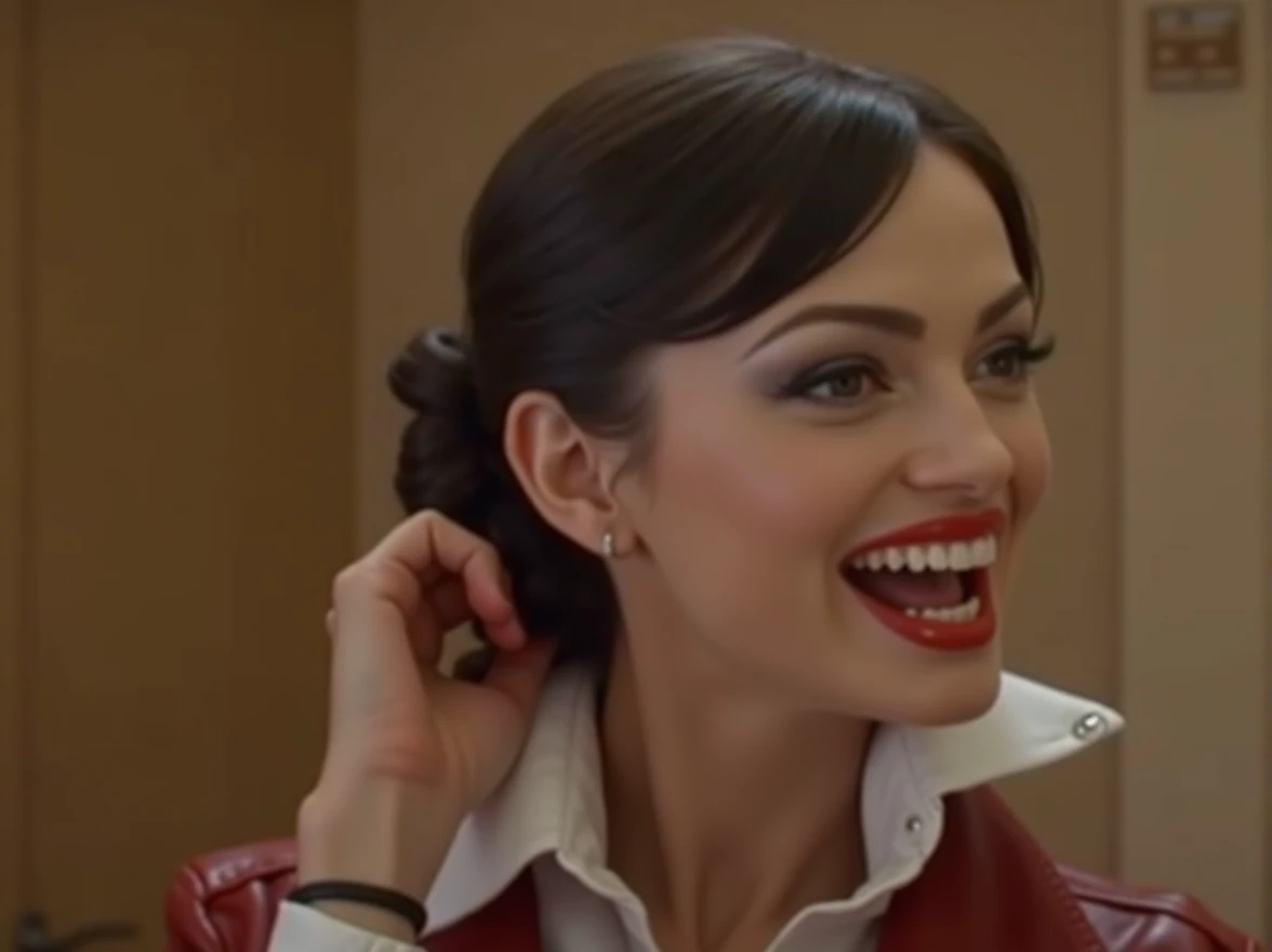 Beautiful evil bodybuilder witch, pale grey skin tone, long pointy ears, short hair bun, big evil smile, perfect teeth, evil laigh, red leather jacket, white collared button blouse, feeling the back of her hairbun with her hand, realistic, hd,