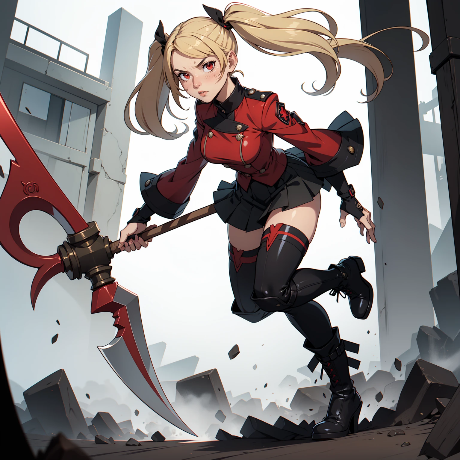 Very detailed, serious facial expression, figure, full body view, blonde hair with twintails, red eyes, looking at viewer, black and red uniform, skirt, black boots, attack pose, holding scythe.