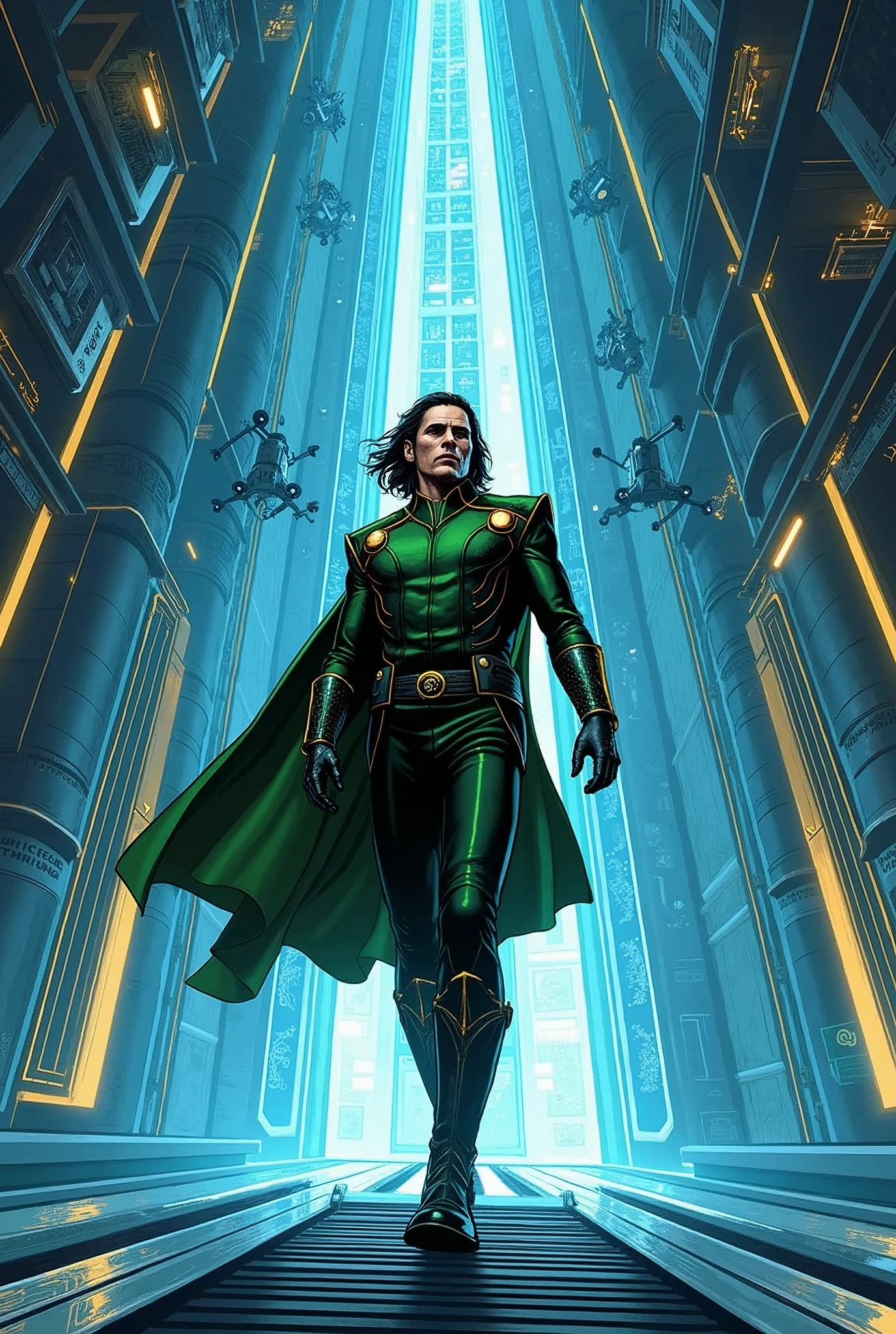 Storyboard, brilliant colors new modern style comics books, luki The Tower is a maze of gleaming corridors and advanced technology. Loki navigates it with the ease of a ghost, his illusions concealing his movements. He slips past security drones, evades the watchful eyes of Jarvis, and even manages to charm a particularly curious security guard.