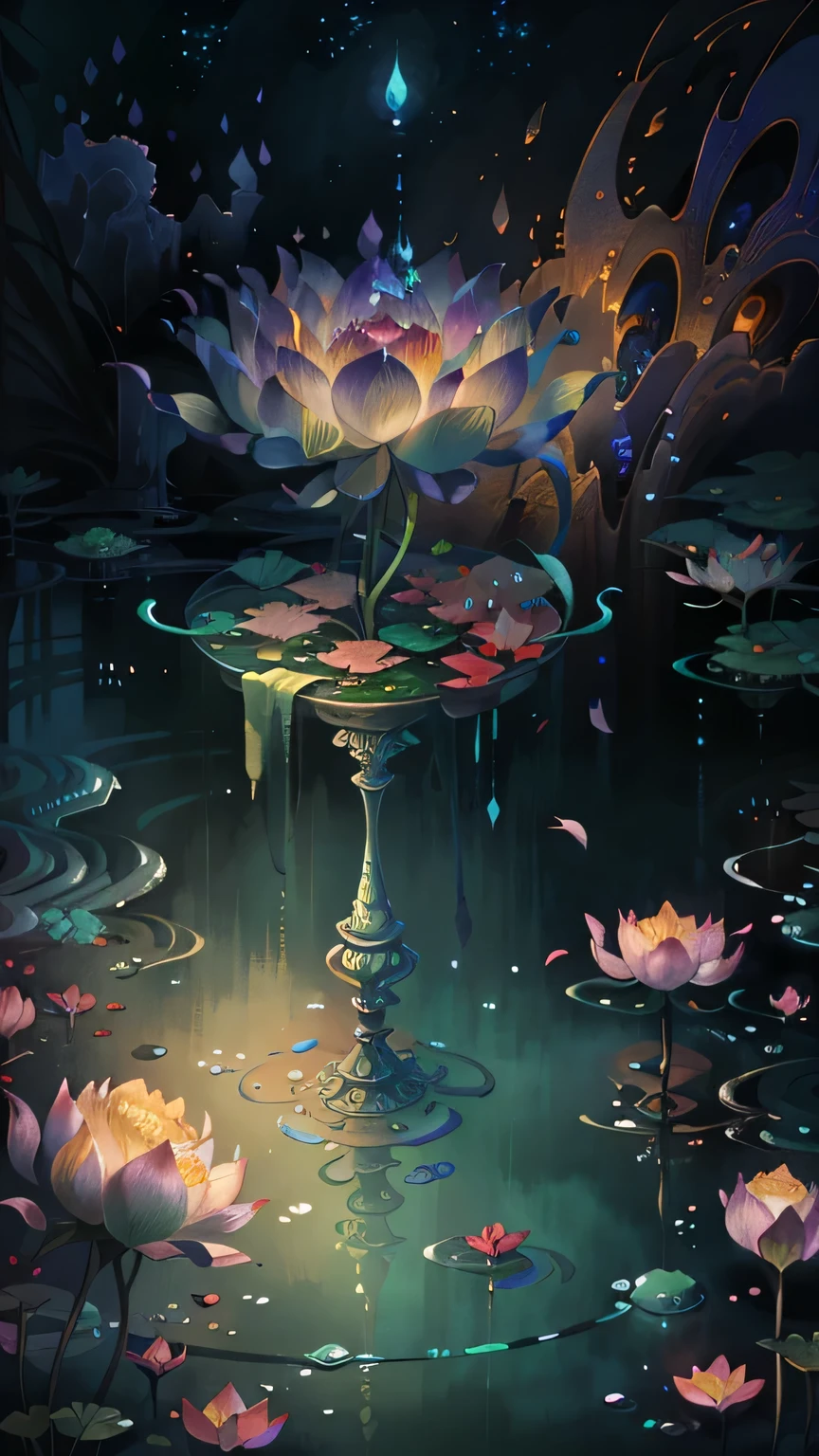 original,(Awareness-raising:1.1),(Highest quality),(masterpiece:1.1),(Highly detailed CG unity 8k ),(color:1.2),lotus,Wide-angle view,Different world,Twilight,