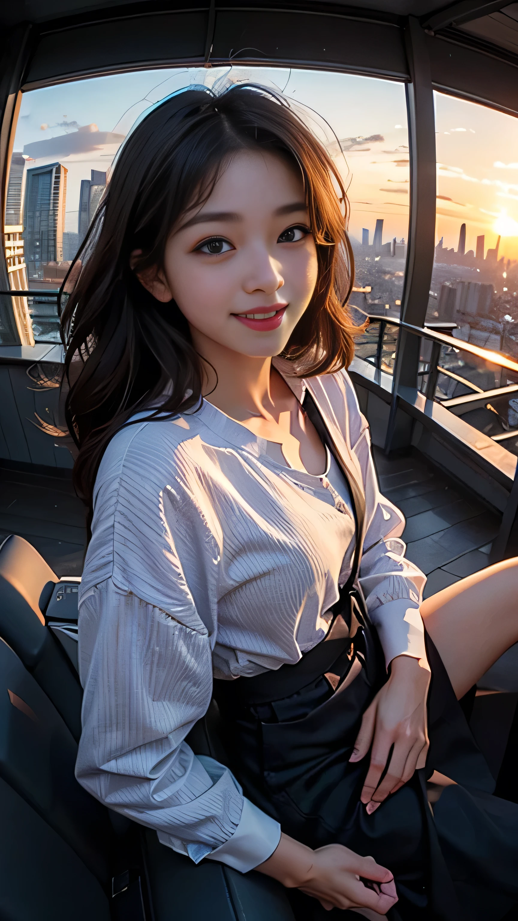 One girl, Korean, Fisheye Lens, Selfie, Wind, Messy Hair, sunset, Cityscape, (Aesthetics and atmosphere:1.2),smile