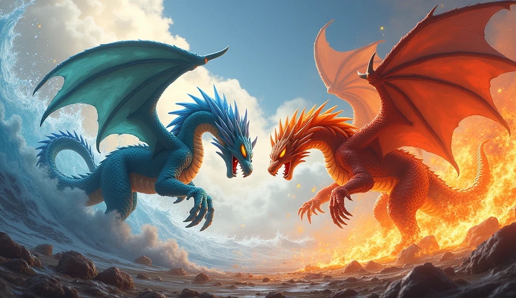 Create a 3D stylized fighting scene featuring Ignis, the fiery Dragon from the SOLMON series, battling against a massive Water Dragon. Ignis should be depicted in a dynamic, attack-oriented pose, with flames erupting from its body, fur glowing with intense heat, and fiery embers swirling around. The Water Dragon, a serpentine creature with scales shimmering in shades of blue and teal, should be shown in a defensive stance, its body coiling with powerful water currents that clash against Ignis's flames. The background should feature a dramatic elemental contrast, with one side engulfed in roaring flames and the other side swirling with powerful waves, creating a visually striking scene of elemental forces in conflict. The environment should enhance the tension, with steam and mist rising where fire meets water, and debris scattered from the intense battle. The overall composition should capture the intensity and power of the clash, with a focus on the fierce determination in Ignis's eyes and the unyielding strength of the Water Dragon.