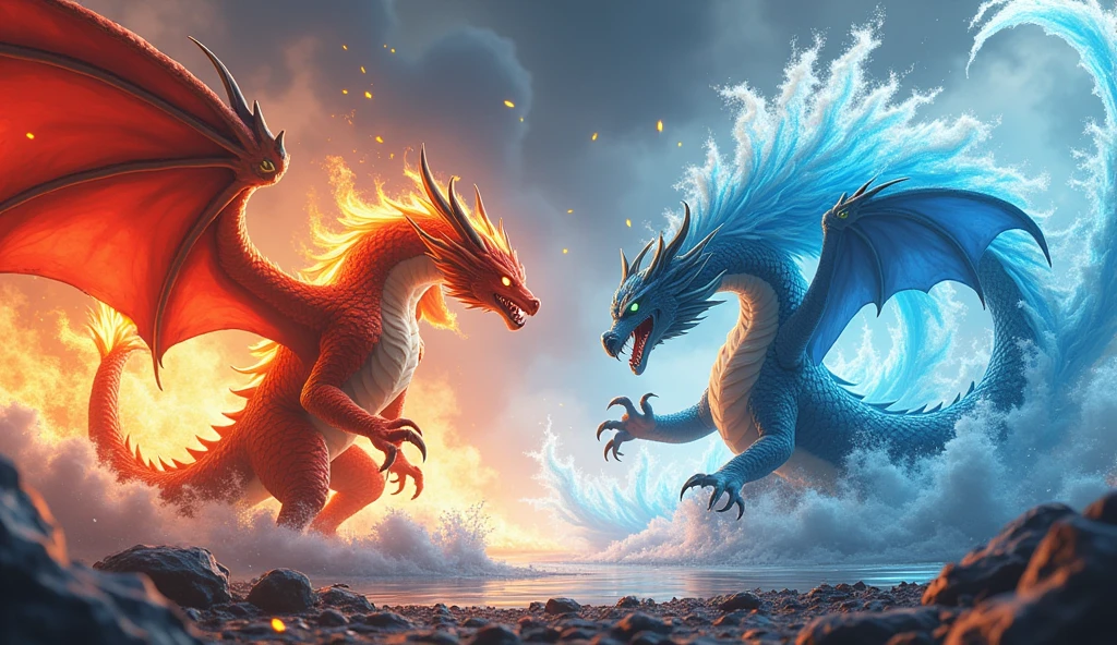 Create a 3D stylized fighting scene featuring Ignis, the fiery Dragon from the SOLMON series, battling against a massive Water Dragon. Ignis should be depicted in a dynamic, attack-oriented pose, with flames erupting from its body, fur glowing with intense heat, and fiery embers swirling around. The Water Dragon, a serpentine creature with scales shimmering in shades of blue and teal, should be shown in a defensive stance, its body coiling with powerful water currents that clash against Ignis's flames. The background should feature a dramatic elemental contrast, with one side engulfed in roaring flames and the other side swirling with powerful waves, creating a visually striking scene of elemental forces in conflict. The environment should enhance the tension, with steam and mist rising where fire meets water, and debris scattered from the intense battle. The overall composition should capture the intensity and power of the clash, with a focus on the fierce determination in Ignis's eyes and the unyielding strength of the Water Dragon.