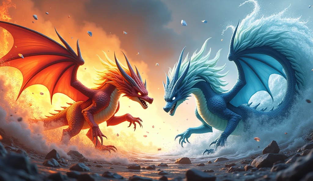Create a 3D stylized fighting scene featuring Ignis, the fiery Dragon from the SOLMON series, battling against a massive Water Dragon. Ignis should be depicted in a dynamic, attack-oriented pose, with flames erupting from its body, fur glowing with intense heat, and fiery embers swirling around. The Water Dragon, a serpentine creature with scales shimmering in shades of blue and teal, should be shown in a defensive stance, its body coiling with powerful water currents that clash against Ignis's flames. The background should feature a dramatic elemental contrast, with one side engulfed in roaring flames and the other side swirling with powerful waves, creating a visually striking scene of elemental forces in conflict. The environment should enhance the tension, with steam and mist rising where fire meets water, and debris scattered from the intense battle. The overall composition should capture the intensity and power of the clash, with a focus on the fierce determination in Ignis's eyes and the unyielding strength of the Water Dragon.