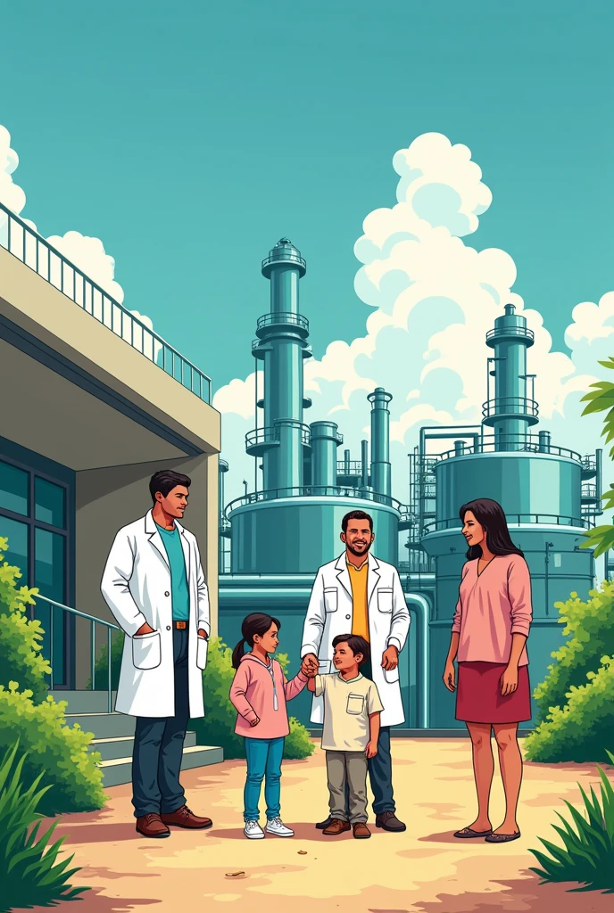 crete an single image of a visit of parents of laboratory workers in a refinery of Ecopetrol , in barrancabermeja. Include laboratory workers with white coats, children, wife, housband, two grandfather, grand mother, outside of laboratory, toon, vivid color, specially green , not too detailed, called "ECO FEST", toon