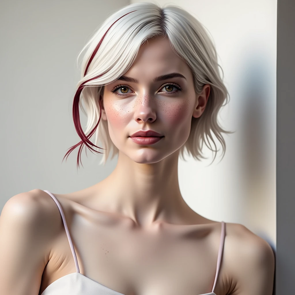 a beautiful woman with platinum hair and a burgundy thin dyed hair with light freckles next to her hair