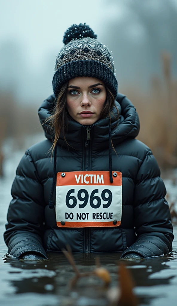 woman,lightweight down jacket,collar only, cold weather:1.0, sport small race bib "VICTIM 6969 DO NOT RESCUE", flared jeans, stuck in bog, headdress,makeup, cold