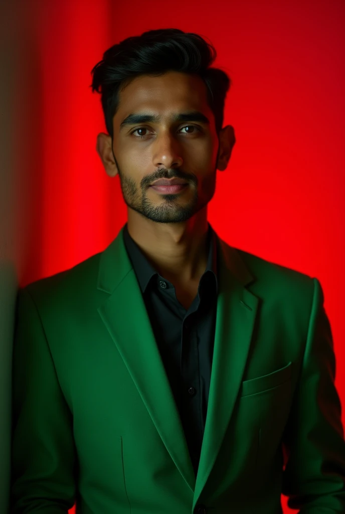 A indian suit wearer his suit color is green and his age will be 23 and he is beautiful and he is handsome. He is with face boy and He will have the chance to seep the cream and he will have no beard on his glasses posing for likeedin red light in background