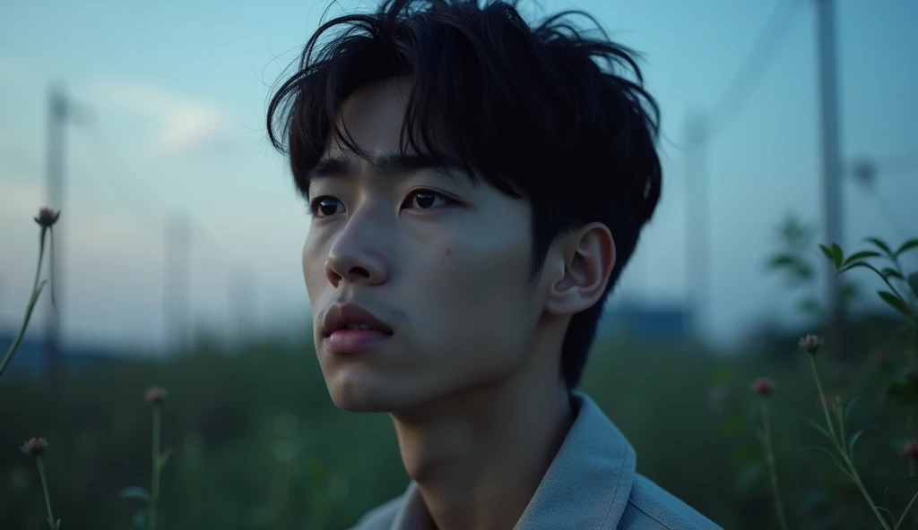 A male Japanese college student is looking into the distance with a gloomy expression,Excited, Photo of your face, With the evening as a background, with a natural look, With a slightly tired look, tilt your face a little, Diagonal orientation, Average face
