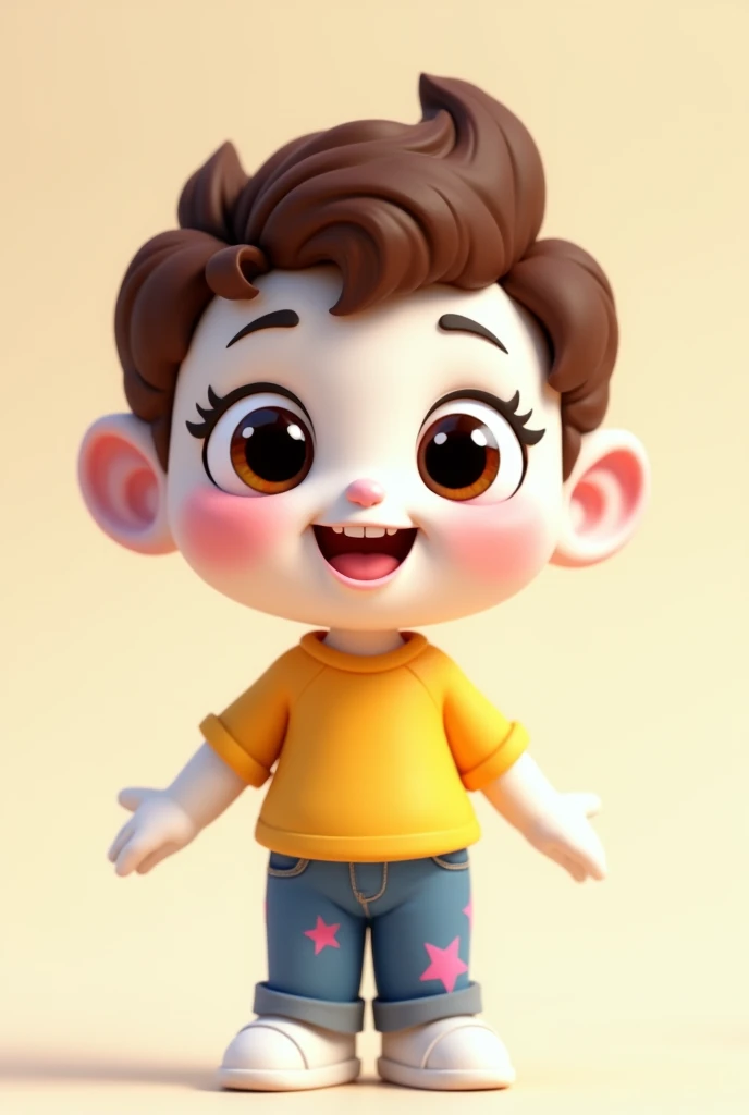 White cartoon character with fun, dark brown eyes, brown curly hair, yellow shirt, jeans or pink star. 
