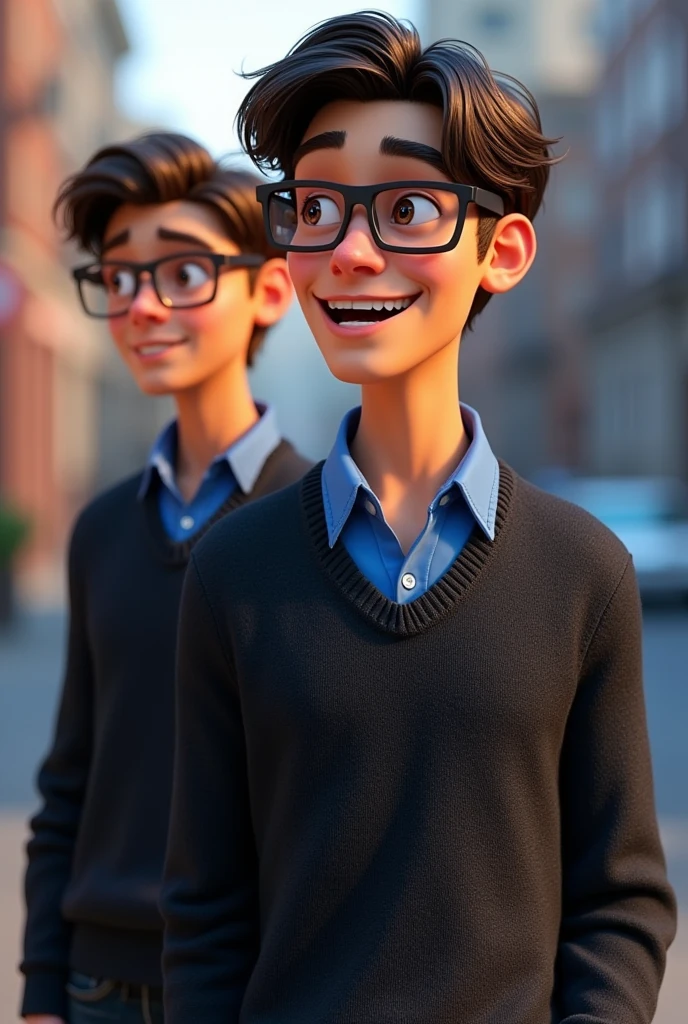 a male animated movie character in the Disney Pixar style, high qualiy, best quality , black fleece sweater blue shirt , Wear nerd glasses, , long hair , Happy young man , with your friend by your side , are talking about friendship, are cheerful, one of them has a car key in his hands , this one doesn't wear glasses , and has light brown skin