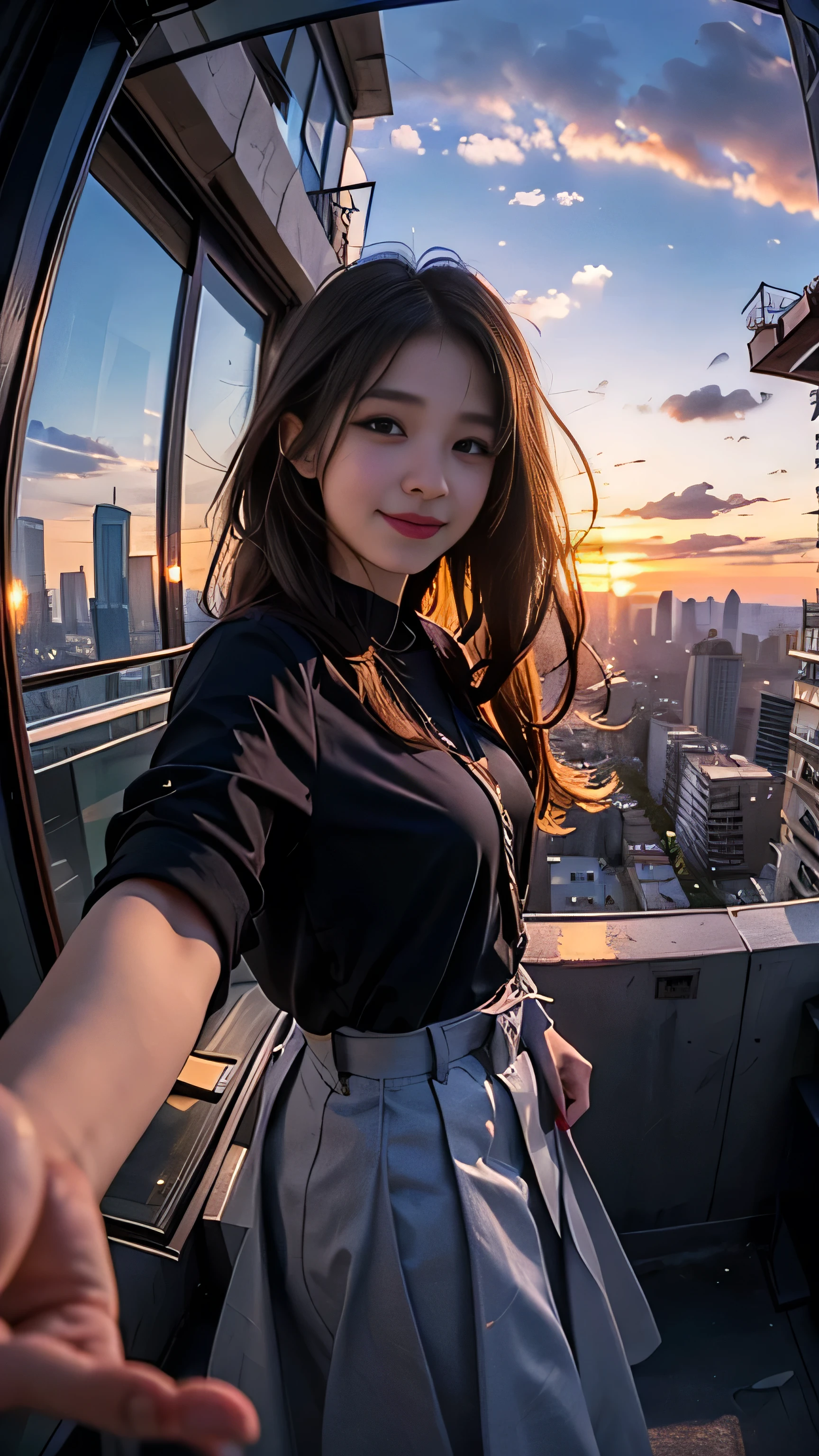 One girl, Korean, Fisheye Lens, Selfie, Wind, Messy Hair, sunset, Cityscape, (Aesthetics and atmosphere:1.2),smile