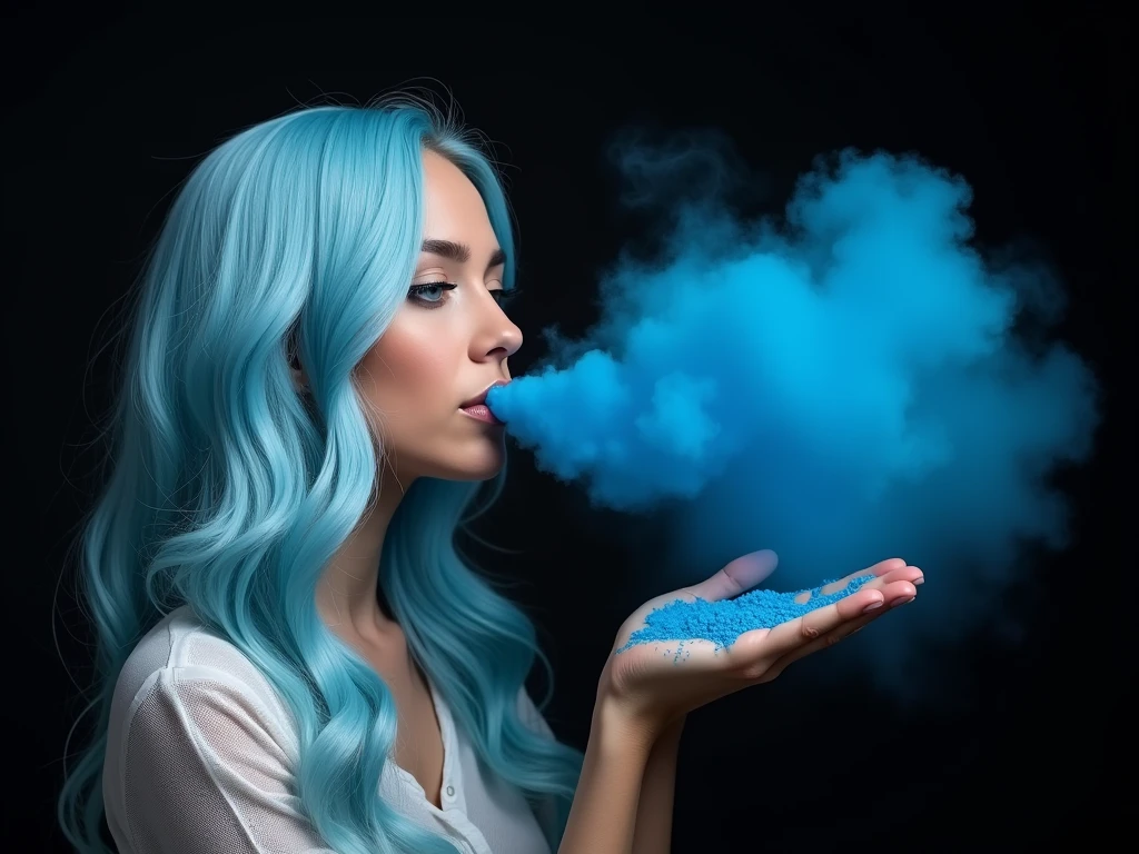 a beautiful biracial latina woman, long wavy light blue hair, light blue eyes, look and blow gentlyon the side A bunch of blue powder holding in her hand forming a big blue fog in the air, black background, Gros Plan, Résolution Haute, Très détaillé,