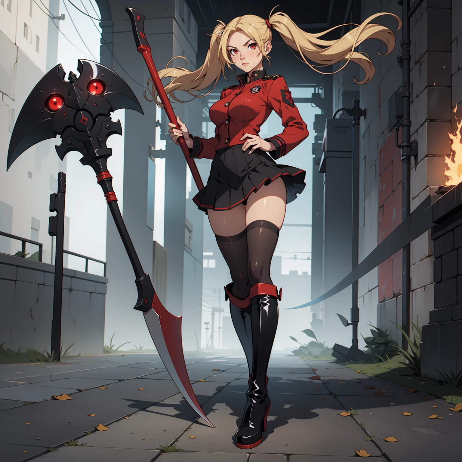 Very detailed, serious facial expression,  figure, full body view, blonde hair with twintails, red eyes, looking at viewer, black and red uniform, skirt, black boots, combat pose, holding scythe.