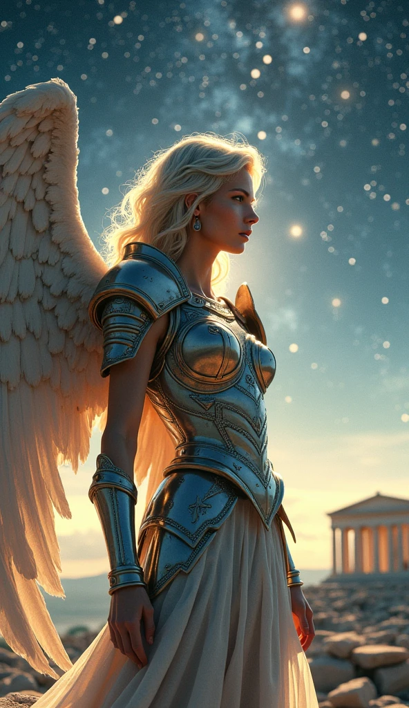 A very beautiful angel clad in ancient Roman iron armor, Starry Sky, With the Parthenon in the background, Cinematic lighting