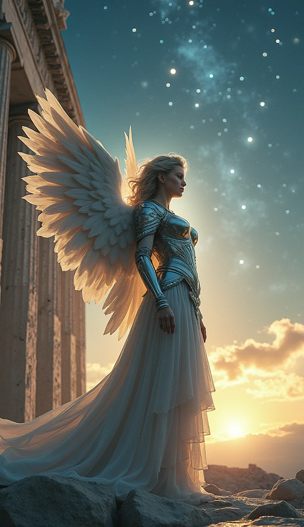 A very beautiful angel clad in ancient Roman iron armor, Starry Sky, With the Parthenon in the background, Cinematic lighting