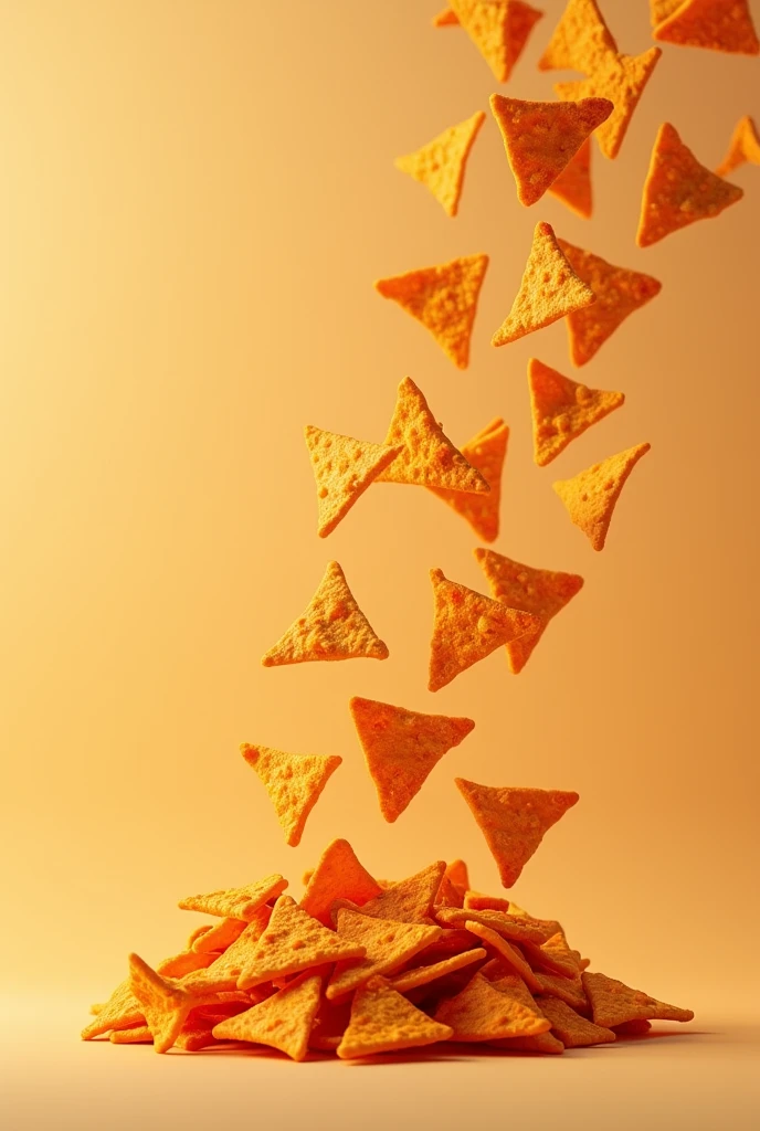 Create an image of Doritos falling, with many of them at the end.