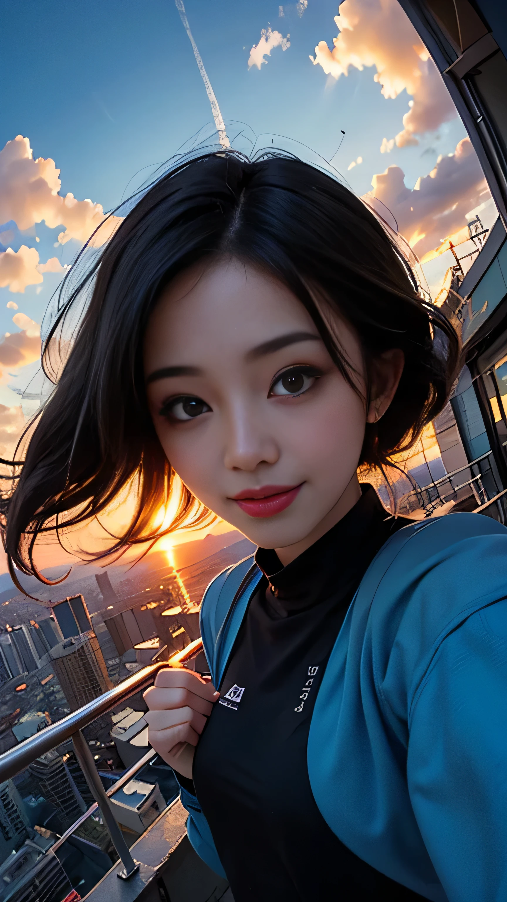 One girl, Korean, Fisheye Lens, Selfie, Wind, Messy Hair, sunset, Cityscape, (Aesthetics and atmosphere:1.2),smile