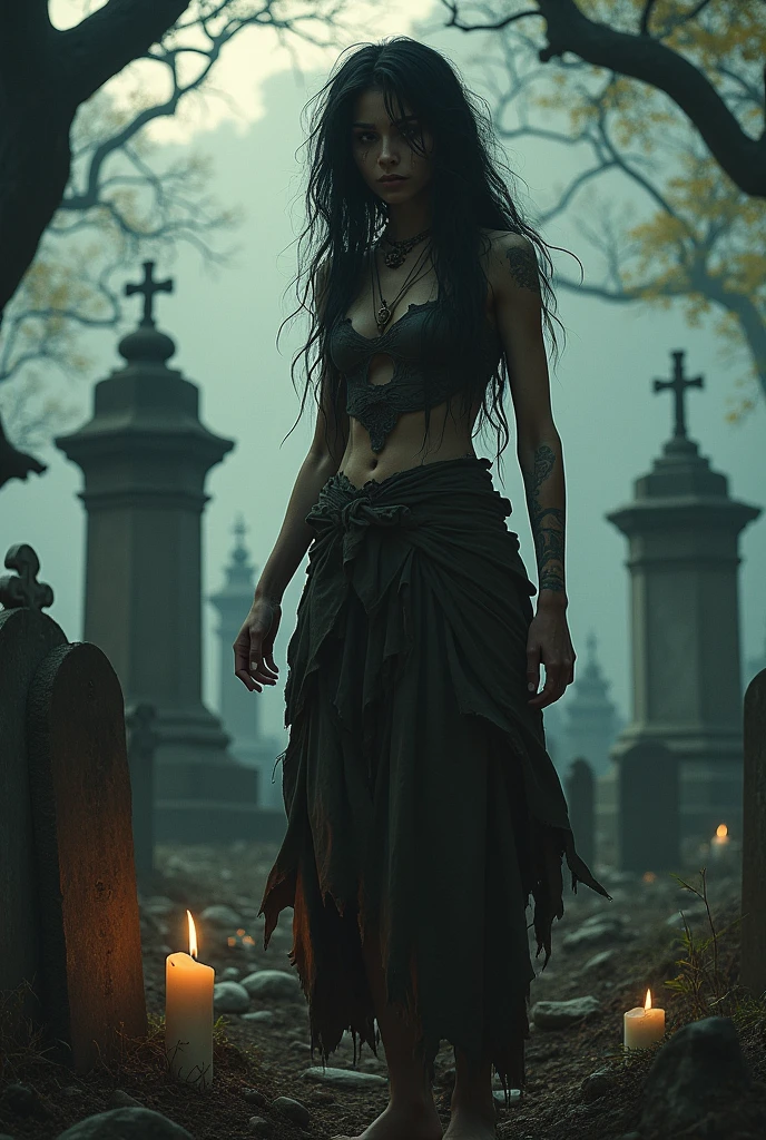 Pombogira Maria Farrapo das Almas works in the cemetery, She wears rags, has messy black hair