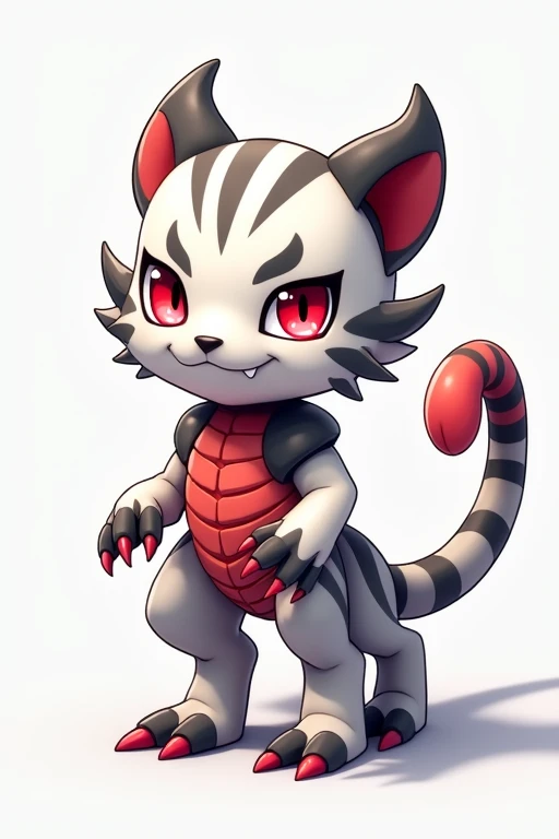 A small Chibi baby humaniod creature.
Appearance: a hybrid creature, half saber tooth tiger half scorpion .
The creature is mostly tiger but had scorpion like tail and claws.
The creature has a scorpion exoskeleton that covers the chest claws and tail.
The creature looks very menacing.
Style : cel shaded , 3d , anime, Full-body, t pose.
Colors: white , lite gray and dark gray , blood red
This is a digimon