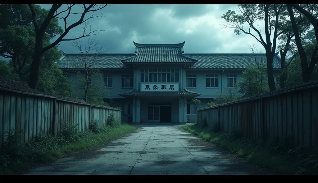 A sad japanese school abandoned who the atmospher is very dark, outside of the school views anime style, the school entrance
