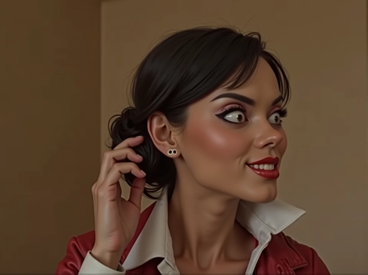 Beautiful evil bodybuilder witch, pale grey skin tone, big wide evil eyes, thick black eyeliner, short hair bun, big evil smile, perfect teeth, evil laigh, red leather jacket, white collared button blouse, feeling the back of her hairbun with her hand, realistic, hd,