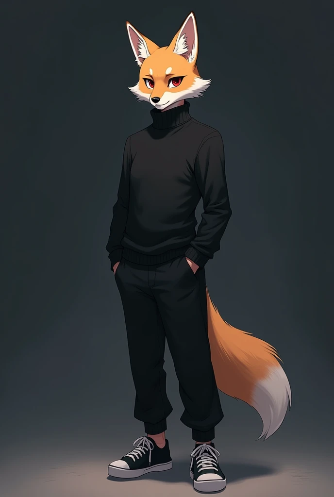1guy, anime, black small male emotionless fox, below-average, furry, anthropomorphic, dark red eyes, handsome guy, with black sweater and long pants, sneackers, standing