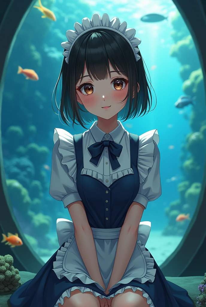 One Girl, (beautiful girl, Delicate:1.3), (:1.3),
break, (Maid clothes:1.3),
break, (Sitting at the aquarium:1.2),
break, Very beautiful eyes, (Symmetrical eyes:1.3),
break, Small , Brown eyes, Parted bangs, Brown Hair, (Upper teeth, The best smile:0.2),
break, (Eye and facial details:1.0),
break, (masterpiece, Highest quality, Very detailed, Detailed face, 8k)