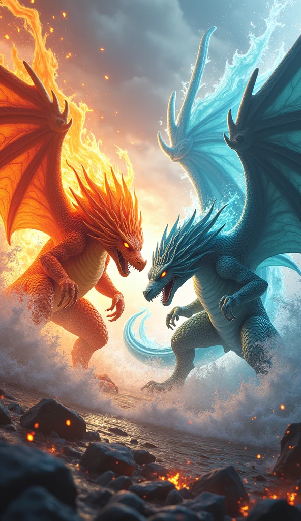 Create a 3D stylized fighting scene featuring Ignis, the fiery Dragon from the SOLMON series, battling against a massive Water Dragon. Ignis should be depicted in a dynamic, attack-oriented pose, with flames erupting from its body, fur glowing with intense heat, and fiery embers swirling around. The Water Dragon, a serpentine creature with scales shimmering in shades of blue and teal, should be shown in a defensive stance, its body coiling with powerful water currents that clash against Ignis's flames. The background should feature a dramatic elemental contrast, with one side engulfed in roaring flames and the other side swirling with powerful waves, creating a visually striking scene of elemental forces in conflict. The environment should enhance the tension, with steam and mist rising where fire meets water, and debris scattered from the intense battle. The overall composition should capture the intensity and power of the clash, with a focus on the fierce determination in Ignis's eyes and the unyielding strength of the Water Dragon.