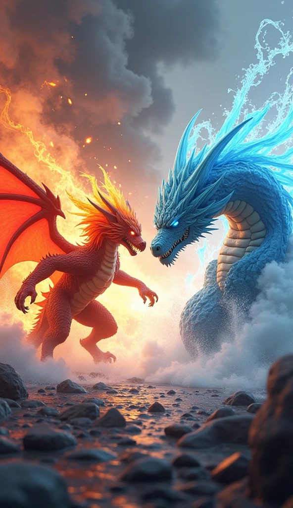 Create a 3D stylized fighting scene featuring Ignis, the fiery Dragon from the SOLMON series, battling against a massive Water Dragon. Ignis should be depicted in a dynamic, attack-oriented pose, with flames erupting from its body, fur glowing with intense heat, and fiery embers swirling around. The Water Dragon, a serpentine creature with scales shimmering in shades of blue and teal, should be shown in a defensive stance, its body coiling with powerful water currents that clash against Ignis's flames. The background should feature a dramatic elemental contrast, with one side engulfed in roaring flames and the other side swirling with powerful waves, creating a visually striking scene of elemental forces in conflict. The environment should enhance the tension, with steam and mist rising where fire meets water, and debris scattered from the intense battle. The overall composition should capture the intensity and power of the clash, with a focus on the fierce determination in Ignis's eyes and the unyielding strength of the Water Dragon.