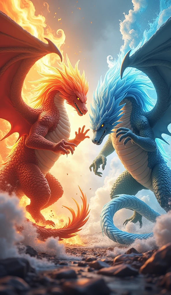 Create a 3D stylized fighting scene featuring Ignis, the fiery Dragon from the SOLMON series, battling against a massive Water Dragon. Ignis should be depicted in a dynamic, attack-oriented pose, with flames erupting from its body, fur glowing with intense heat, and fiery embers swirling around. The Water Dragon, a serpentine creature with scales shimmering in shades of blue and teal, should be shown in a defensive stance, its body coiling with powerful water currents that clash against Ignis's flames. The background should feature a dramatic elemental contrast, with one side engulfed in roaring flames and the other side swirling with powerful waves, creating a visually striking scene of elemental forces in conflict. The environment should enhance the tension, with steam and mist rising where fire meets water, and debris scattered from the intense battle. The overall composition should capture the intensity and power of the clash, with a focus on the fierce determination in Ignis's eyes and the unyielding strength of the Water Dragon.