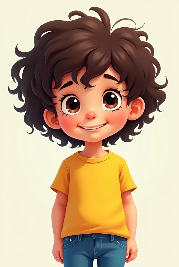 White cartoon character with dark brown eyes, brown curly hair, yellow shirt, jeans or pink Star, 7 year old child