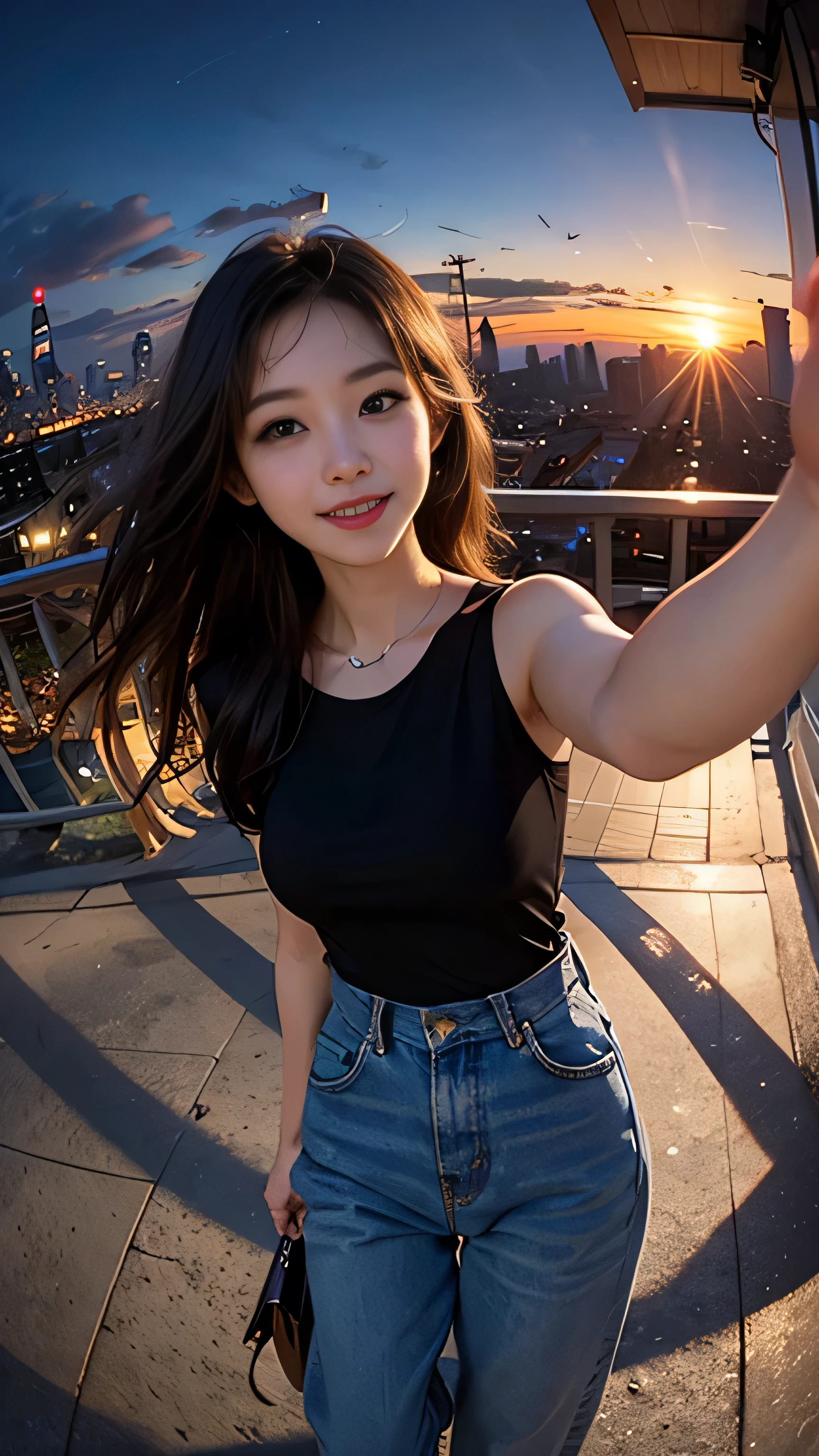 One girl, Korean, Fisheye Lens, Selfie, Wind, Messy Hair, sunset, Cityscape, (Aesthetics and atmosphere:1.2),smile