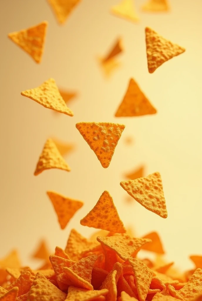 Create an image of Doritos falling, with many of them at the end., a little more spread out throughout the space