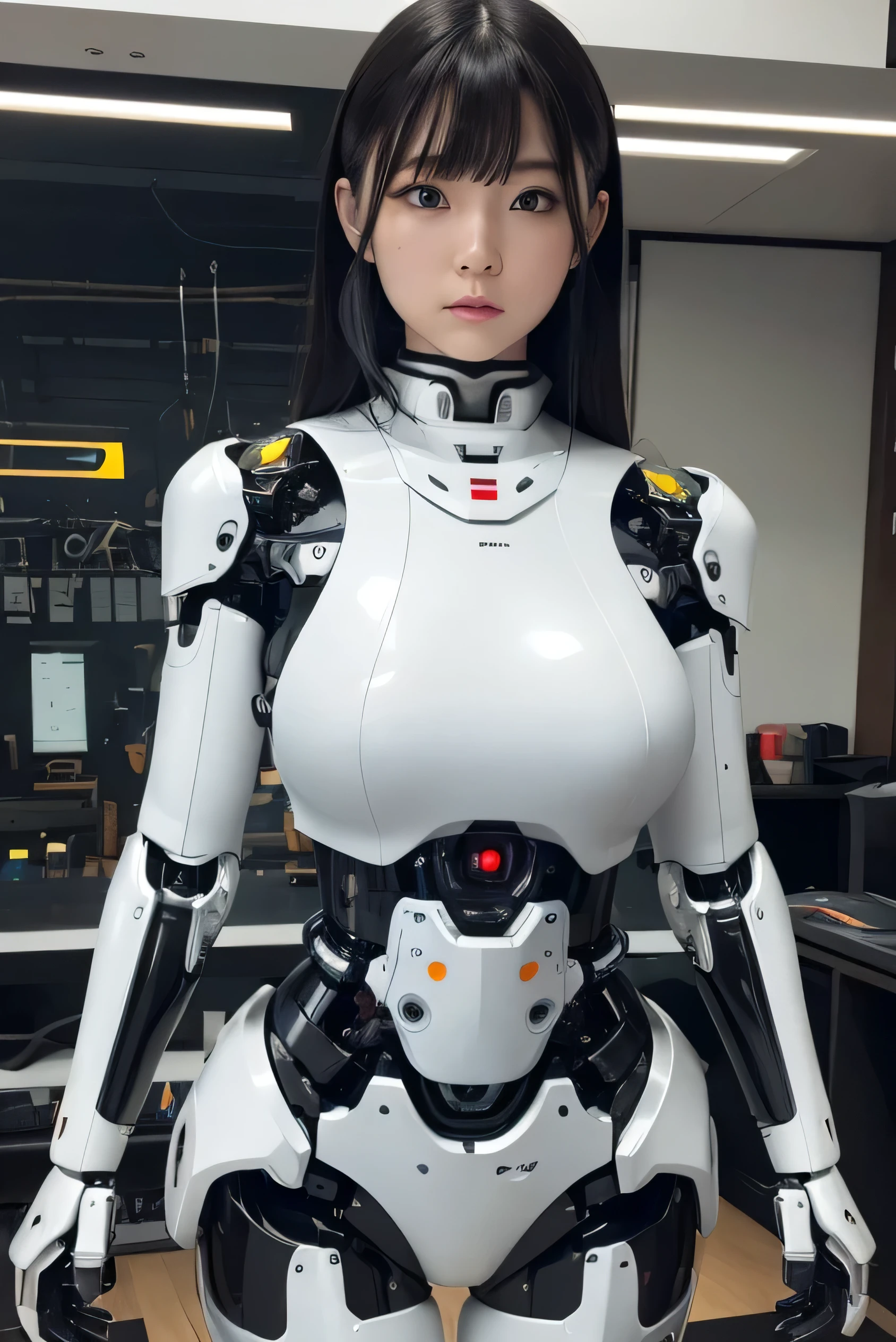 masterpiece, best quality, extremely detailed, Japaese Cyborg girl,Plump , control panels,android,Droid,Mechanical Hand, Robot arms and legs, Black Robot Parts,Black hair,Mechanical body,Blunt bangs,White robotics parts,perfect robot girl,long tube,thick cable connected her neck,ceramic body ,mechanical body, mechanical ear cover, mechanical costume,android,robot,humanoid,cyborg,japanese android woman ,mechanical chest,future laboratory,connecting a cable between the legs,blue eyes