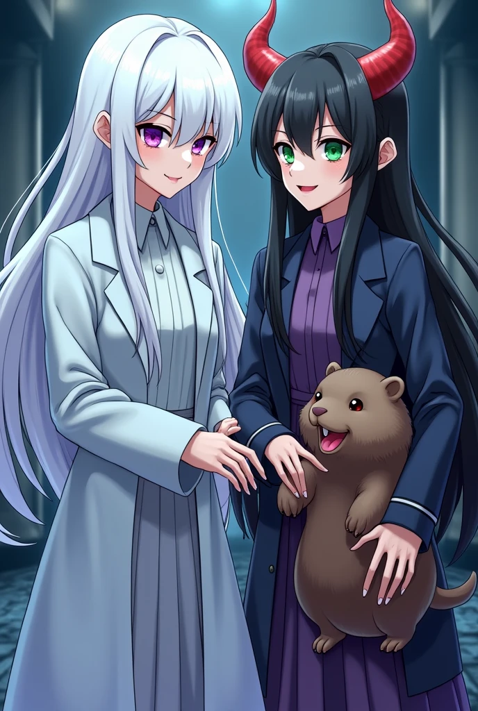 Draw a ghost girl with long white hair and one eye of each color, being a purple demon wearing a scientist's lab coat in anime style next to another girl with black hair and green eyes, with demonic horns in anime style petting a capybara and smiling for a photo