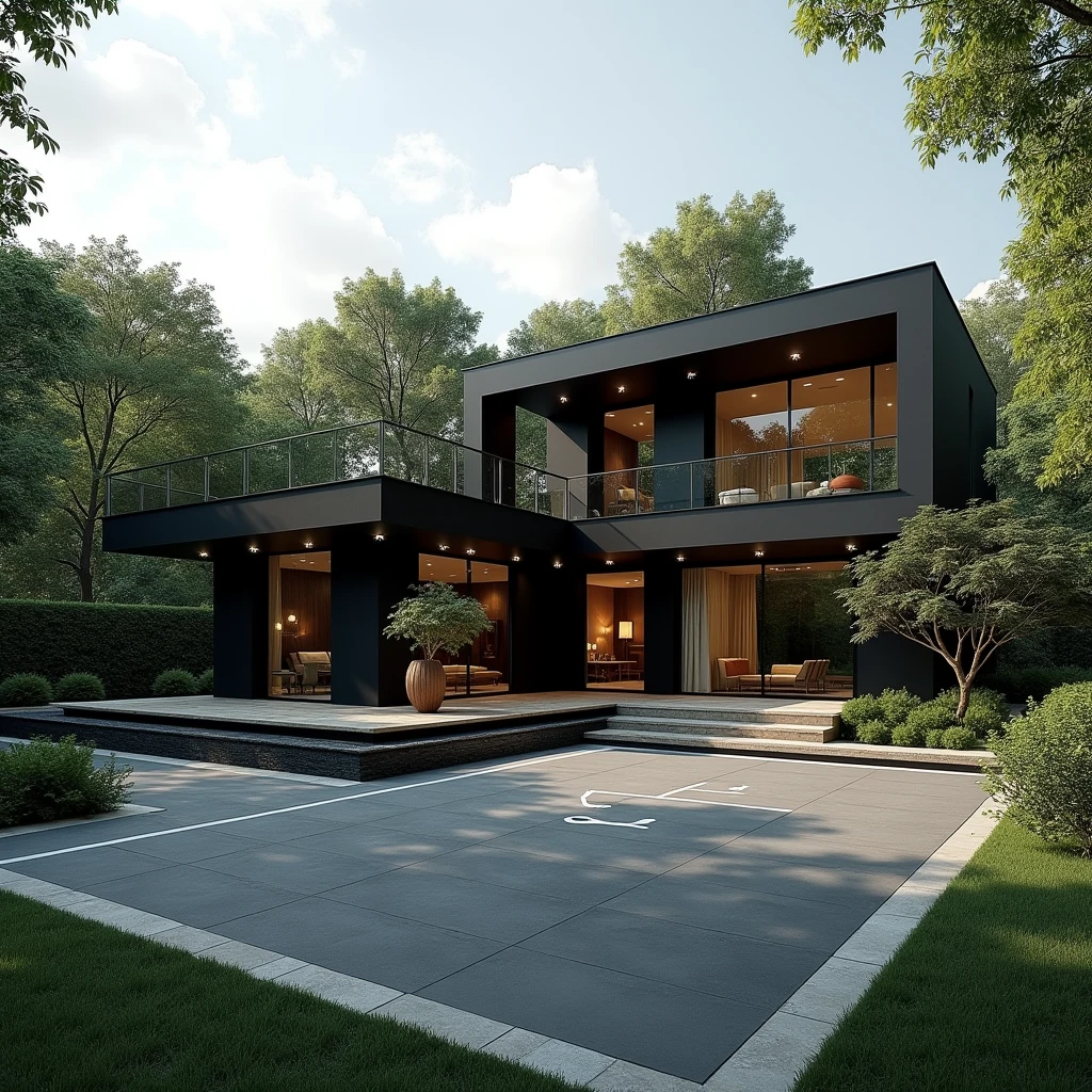 Create a beautiful villa for me where it is beautifully black with a beautiful garden and a basketball court