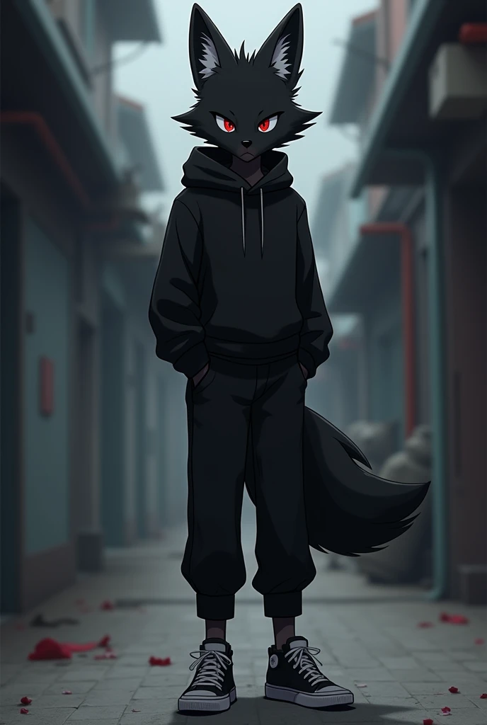 1guy, anime, black small male emotionless fox, below-average, furry, anthropomorphic, dark red eyes, handsome guy, with black sweater and long pants, sneackers, standing