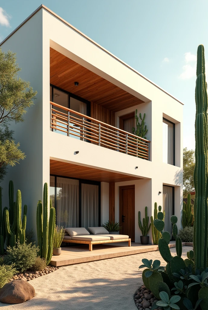 It has images of railings on the second floor of a house with a modern Mediterranean style with cacti with SMALL wooden details.