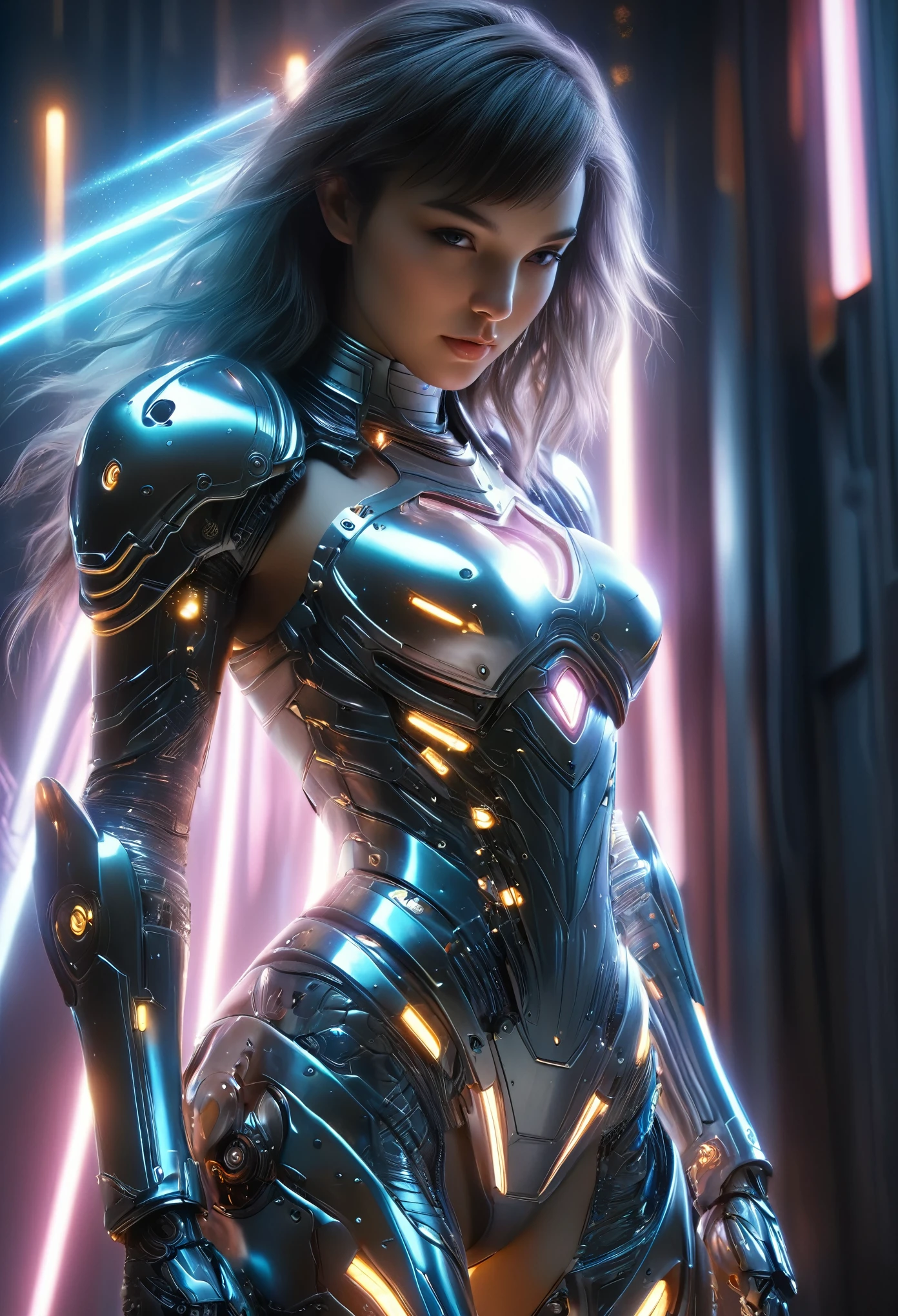 (Best Quality, 4K, 8K, High Resolution, Masterpiece: 1.2), (Super Detailed, Realistic, Photorealistic:1.37), A woman in futuristic clothing, (erotic and sexy:1.4), Trending on cgstation, Trending on cgstation, (Portrait of a girl in the Knights of the Zodiac:1.4), (blunt bangs:1.7), Cute Cyborg Girl, Perfect android girl, Portrait Astronaut Girl, Beautiful girl cyborg, Girl wearing iridescent and white mechanical cyber armor, Game CG, cgsociety and fenghua zhong, Beautiful Cyborg Shrine Maiden, Bioluminescence, (Gal Gadot:0.6), Anatomically correct grip, Anatomically correct four fingers and one thumb, (long claws:1.4), erotic and sexy, 