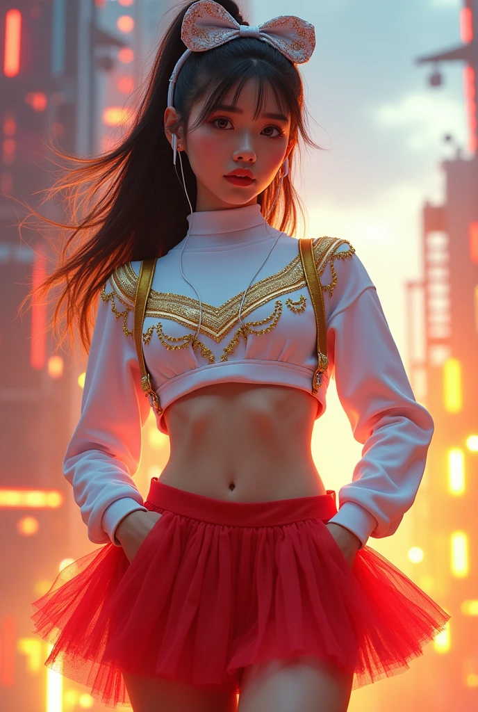 Cheerleader wearing a white long-sleeved cropped top with gold details and a short tulle skirt with tights and ankle boots. Gold suspenders. earphone. k pop style