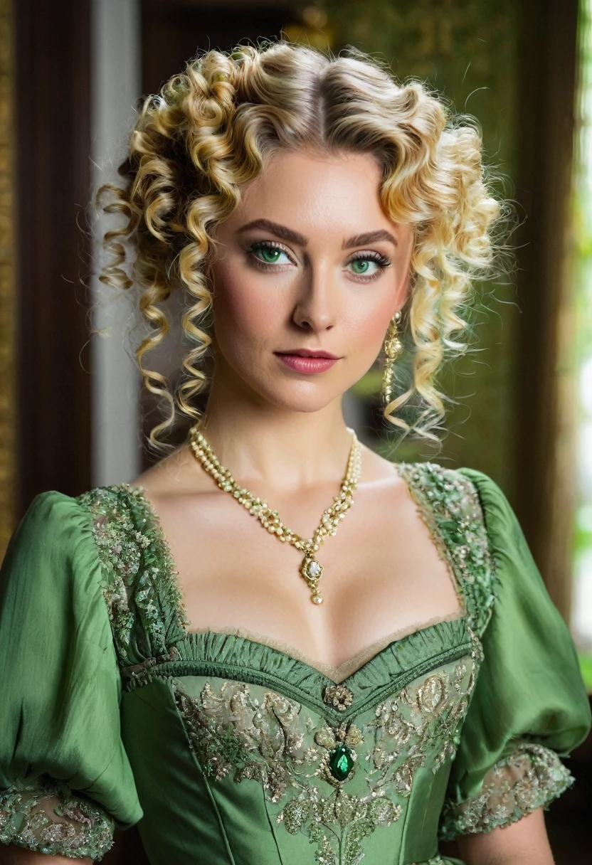 Show me a  with blonde curly hair and green eyes., with her hair in a half-updo and wearing an Edwardian-style dress, elegant, inside a mansion 