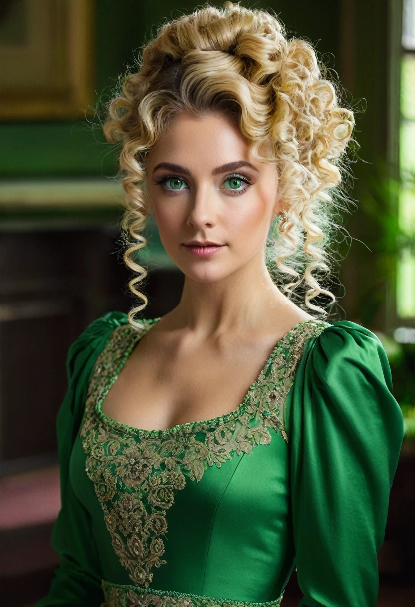 Show me a with blonde curly hair and green eyes., with her hair in a half-updo and wearing an Edwardian-style dress, elegant, inside a mansion