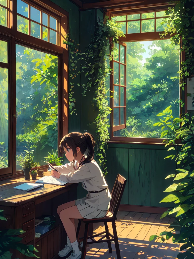 Create a anime style landscape image. Digital illustration in an anime style, depicting a young girl with fair skin and dark hair tied in a ponytail, sitting at a wooden desk by a large window. The room is filled with lush green plants, and sunlight streams through the window, casting a warm glow. The girl is focused on writing in a notebook with a pen, while a small, curious ((cat)) with orange and white fur sits on the desk, looking at her. The scene is serene and bathed in natural light, with detailed foliage visible outside the window, enhancing the tranquil atmosphere.