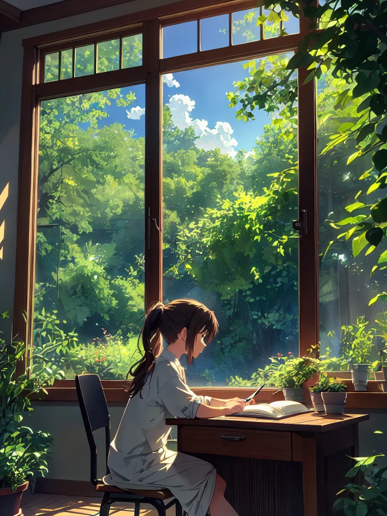 Create a anime style landscape image. Digital illustration in an anime style, depicting a young girl with fair skin and dark hair tied in a ponytail, sitting at a wooden desk by a large window. The room is filled with lush green plants, and sunlight streams through the window, casting a warm glow. The girl is focused on writing in a notebook with a pen, while a small, curious ((cat)) with orange and white fur sits on the desk, looking at her. The scene is serene and bathed in natural light, with detailed foliage visible outside the window, enhancing the tranquil atmosphere.