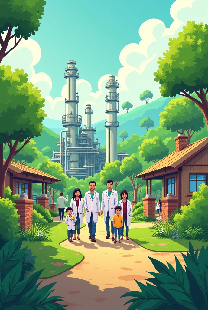 crete an single image of a visit of parents of laboratory workers in a refinery of Ecopetrol , in barrancabermeja. Include laboratory workers with white coats, children, wife, housband, two grandfather, grand mother, outside of laboratory, toon, vivid color, specially green , no reallistic, called "ECO FEST", toon
