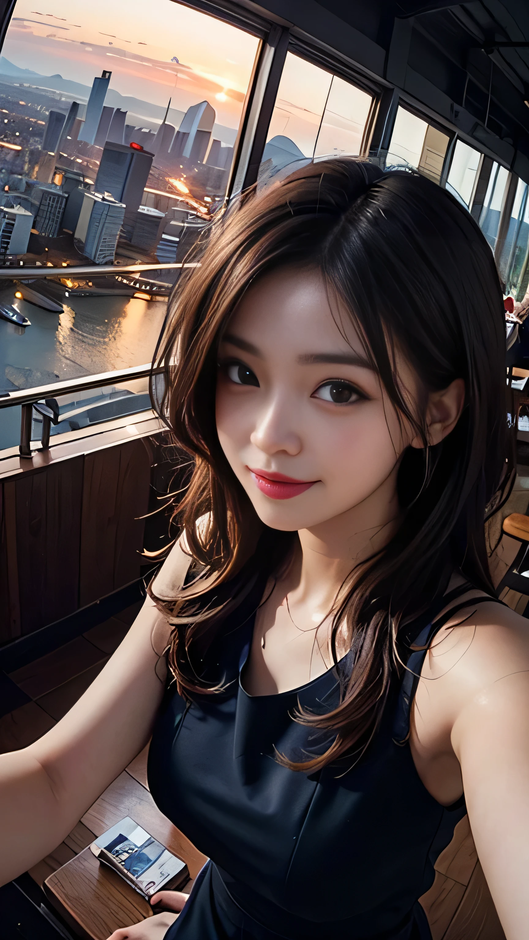 One girl, Korean, Fisheye Lens, Selfie, Wind, Messy Hair, sunset, Cityscape, (Aesthetics and atmosphere:1.2),smile